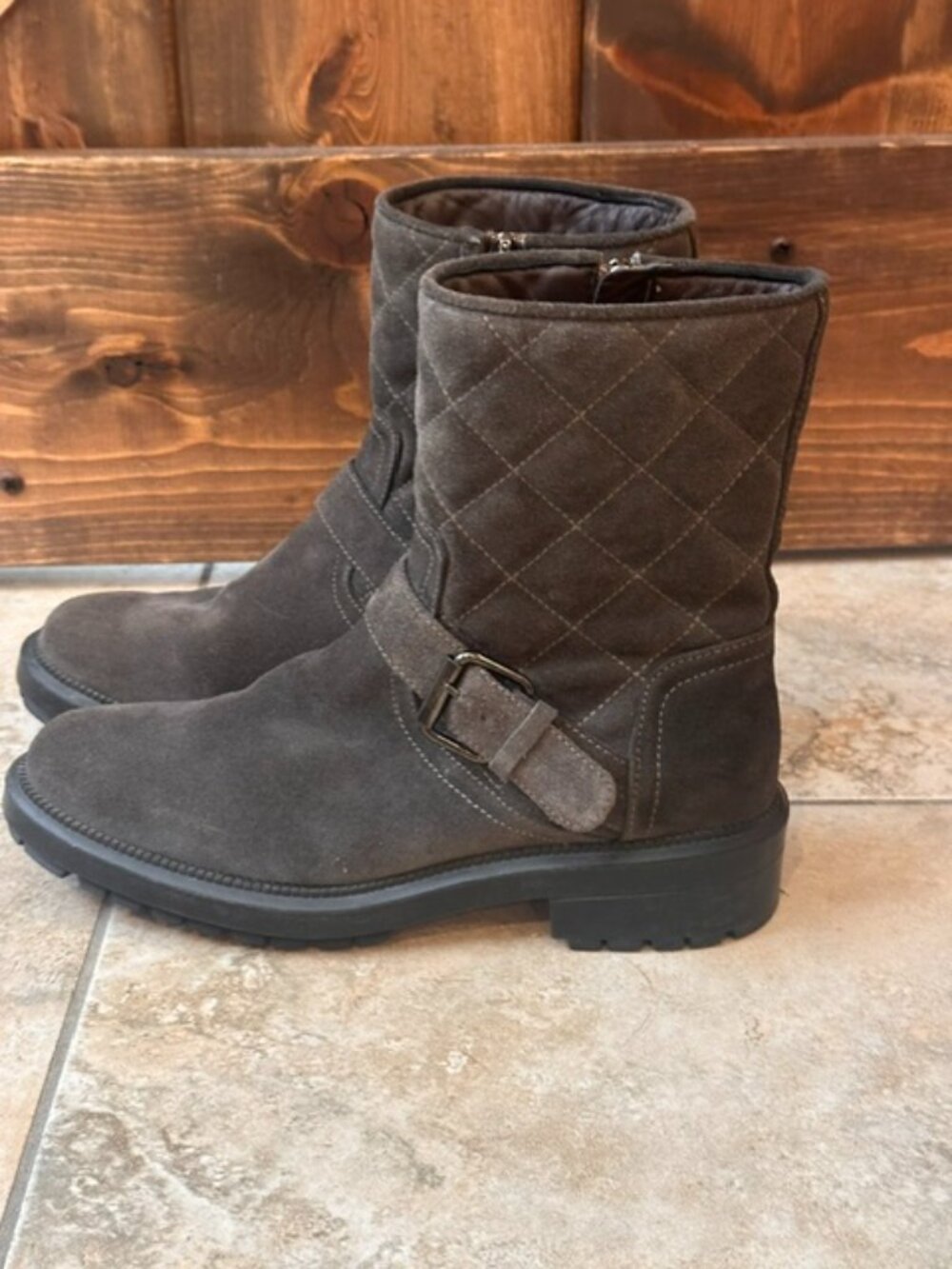 Aquatalia Made in Italy Womens Womens Leva Quilted Moto Boots Suede Gray Sz 6.5